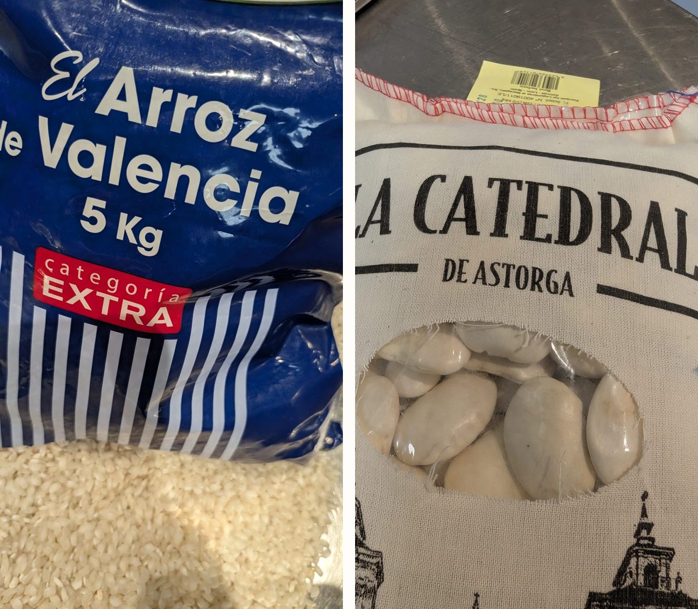 A five-kilo bag of Arroz de Valencia, categoría extra, and a cloth bag of dried white beans from La Catedral de Astorga.